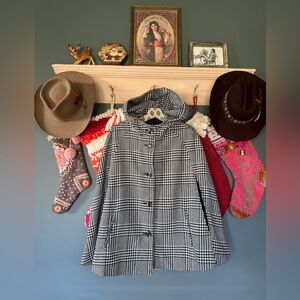 Talbots hooded houndstooth plaid wool blend cape poncho sz S/M